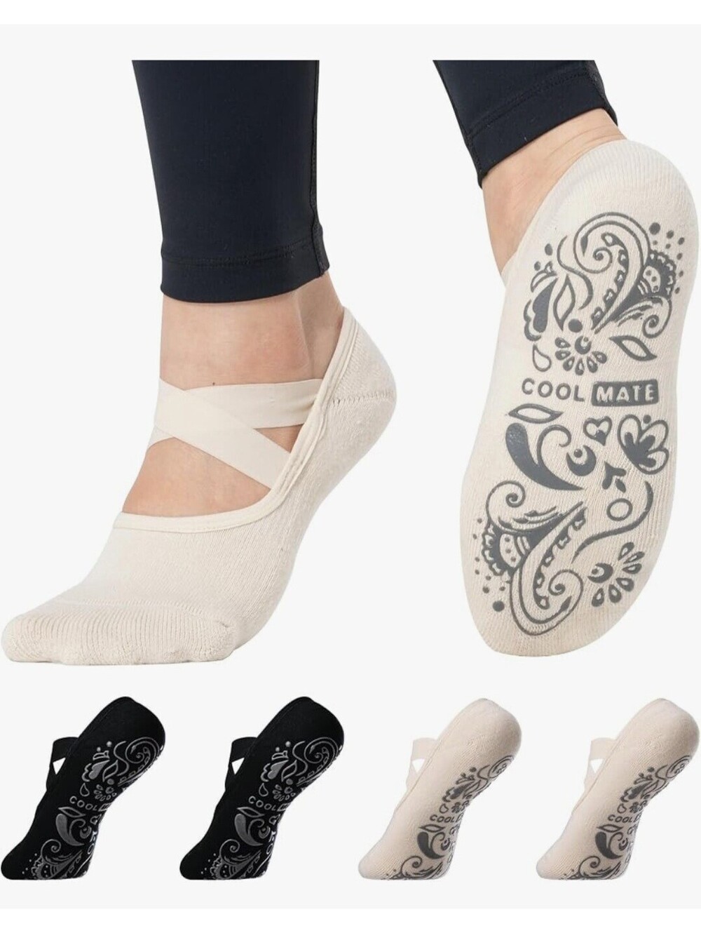 New 6 Pairs CoolMate Pilates Socks with Grips Size 6-10 Black & Beige